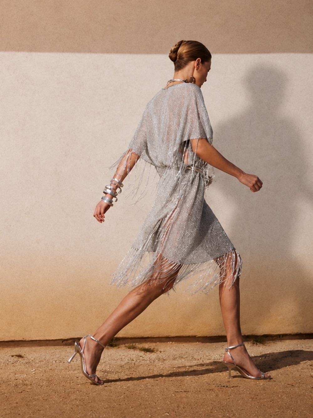 BLOGGER'S FAVE! Zara Fringed Metallic Thread Kaftan Dress Silver NWT